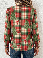 Damen-Hemd aus Baumwoll-Leinen mit kariertem Weihnachtsbaum-Print – V-Ausschnitt mit Salatkante, lange Ärmel, lockere, lässige Passform