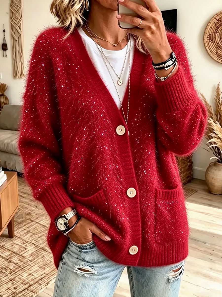 Cardigan abbottonato fuzzy rosso scintillante da donna