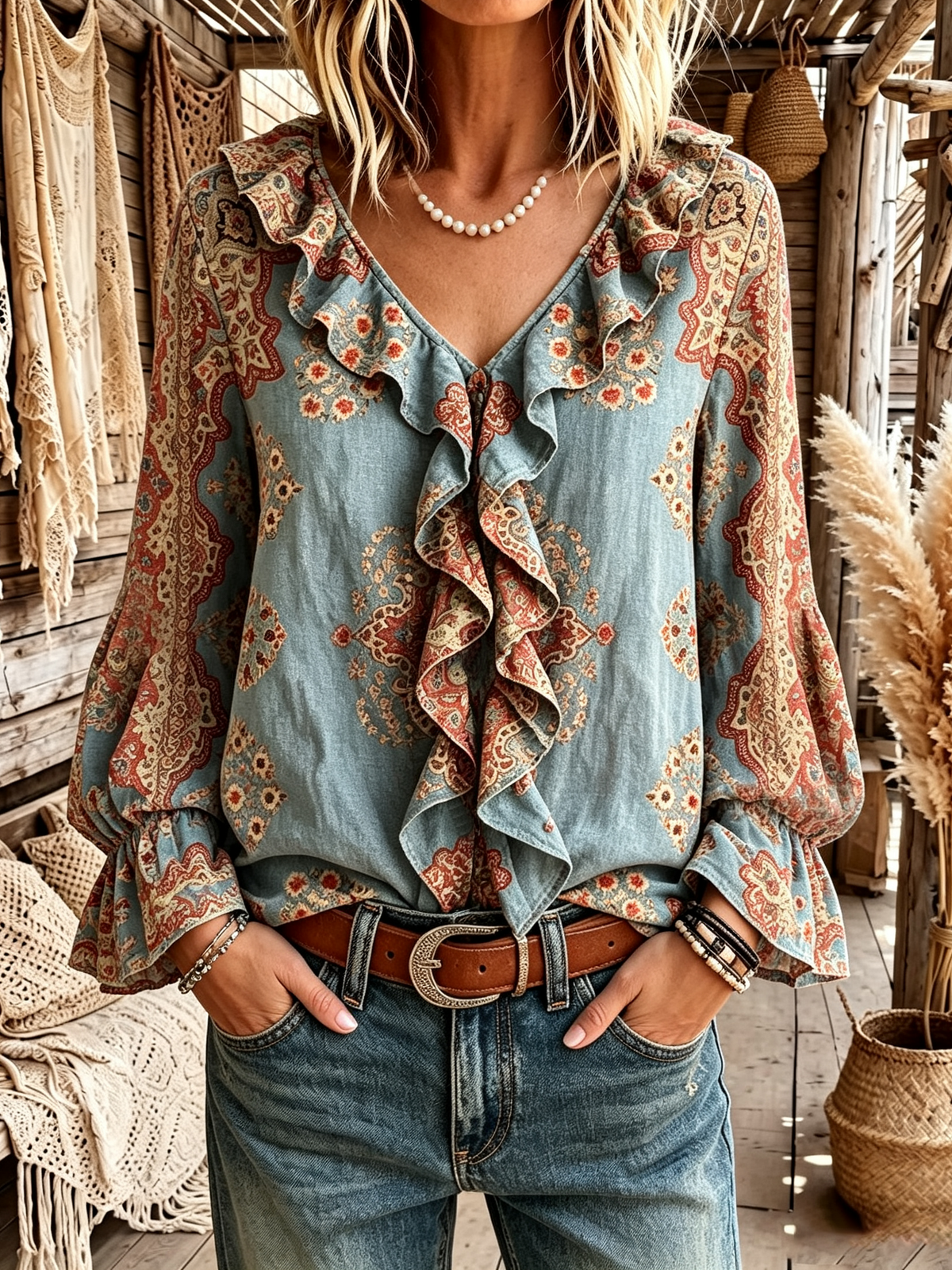 Chic Boho Floral Print Ruffle Blouse