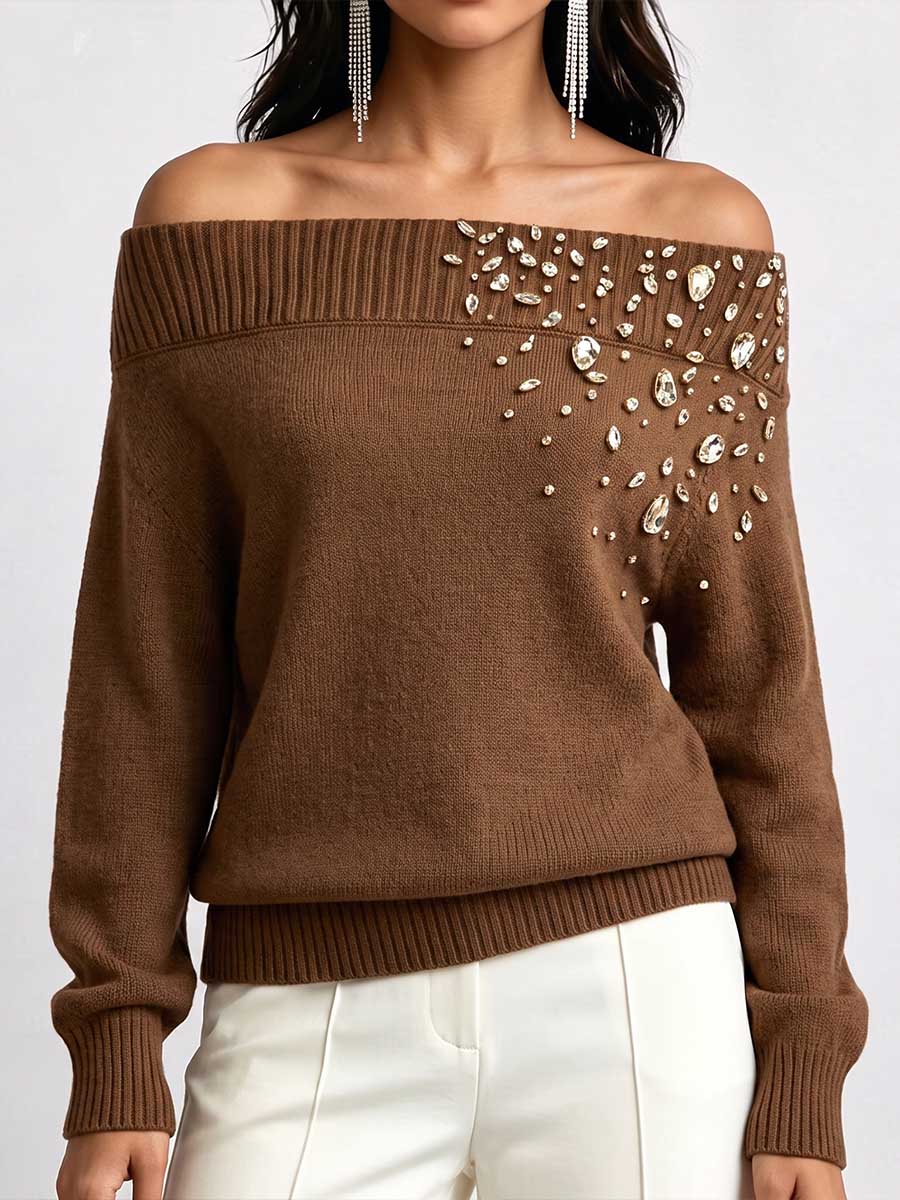Women's Solid Color Off-shoulder Long-sleeved Casual Loose Beaded And Rhinestone Knit Top