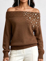 Women's Solid Color Off-shoulder Long-sleeved Casual Loose Beaded And Rhinestone Knit Top