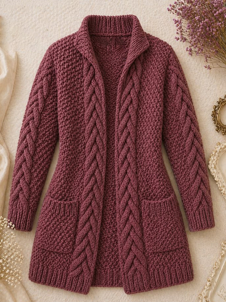 Chic Berry Mauve Cable-Knit Open Cardigan