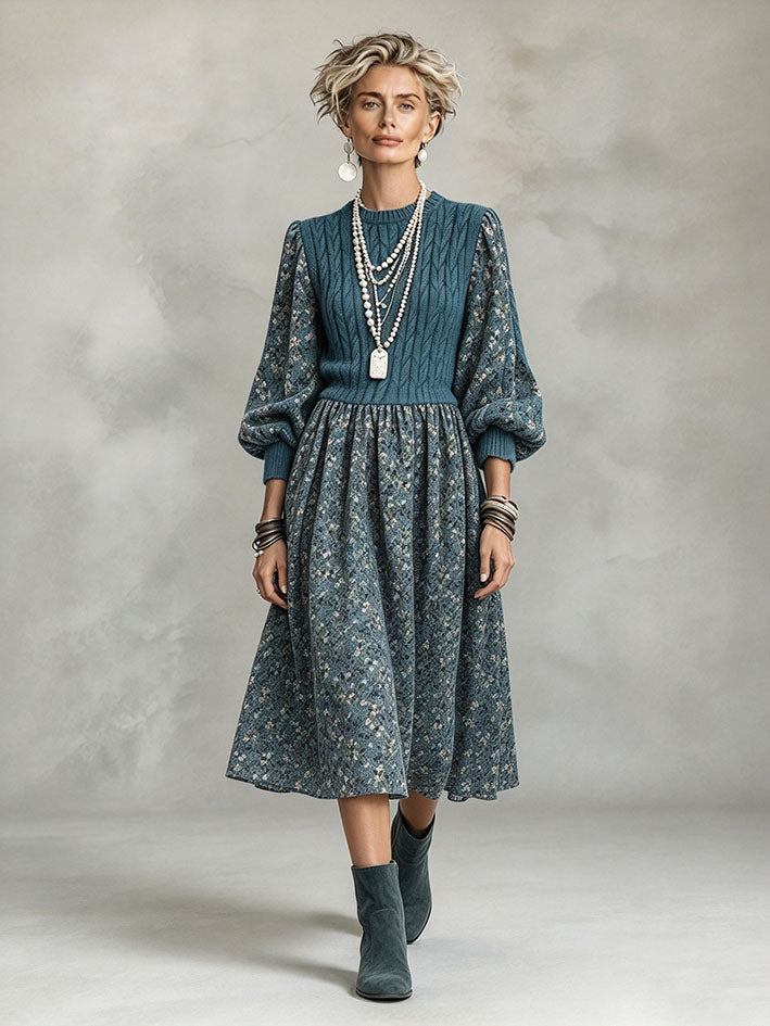 Elegantes, stilvolles blaues Patchwork-Midikleid mit Blumenmuster