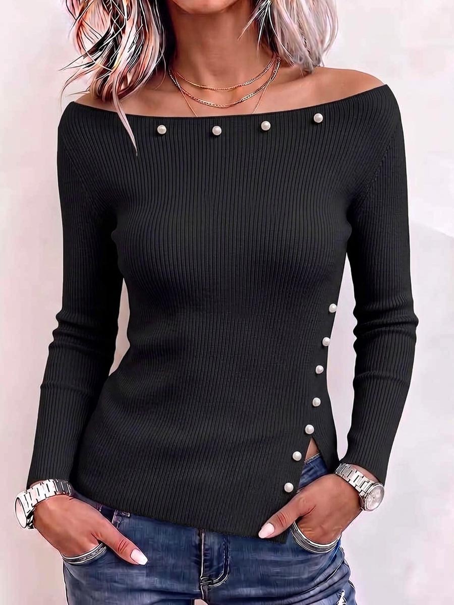 Women's Solid-color Off-shoulder Long-sleeve Loose Knit Top With Beading