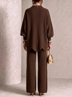 Collared Large Metal‑button Knit Cardigan & Wide‑leg Pants Two‑piece Set
