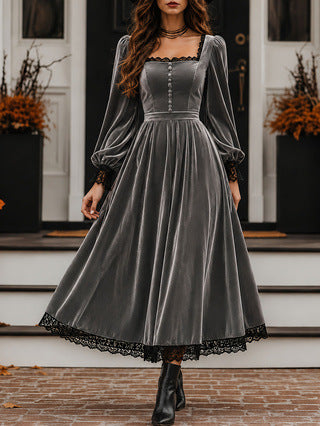 Vintage-style Exquisite Lace-trimmed Velvet Midi Dress