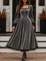 Vintage-style Exquisite Lace-trimmed Velvet Midi Dress