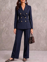 Women's Striped Print Lapel Long-sleeved Casual Suit With High Waist And Wide-leg Pants