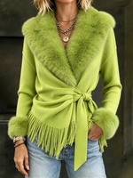 Glamorous Boho Faux Fur Trimmed Wrap Fringe Cardigan