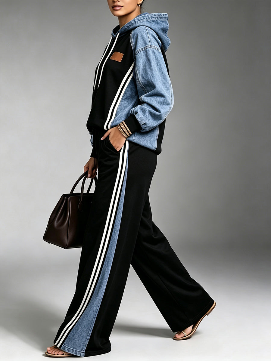 Chic Denim-Splice Sporty Tracksuit Set