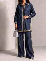 Elegant Denim Gold-Trimmed Two-Piece Set