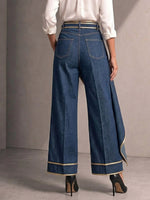 Women's High-waisted Luxurious Gold-trimmed Heavy-duty Circular Metal Cutout Casual Wide-leg Trousers