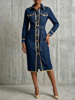 Exquisite And Elegant Denim Shirt Dress With Gold Piping.