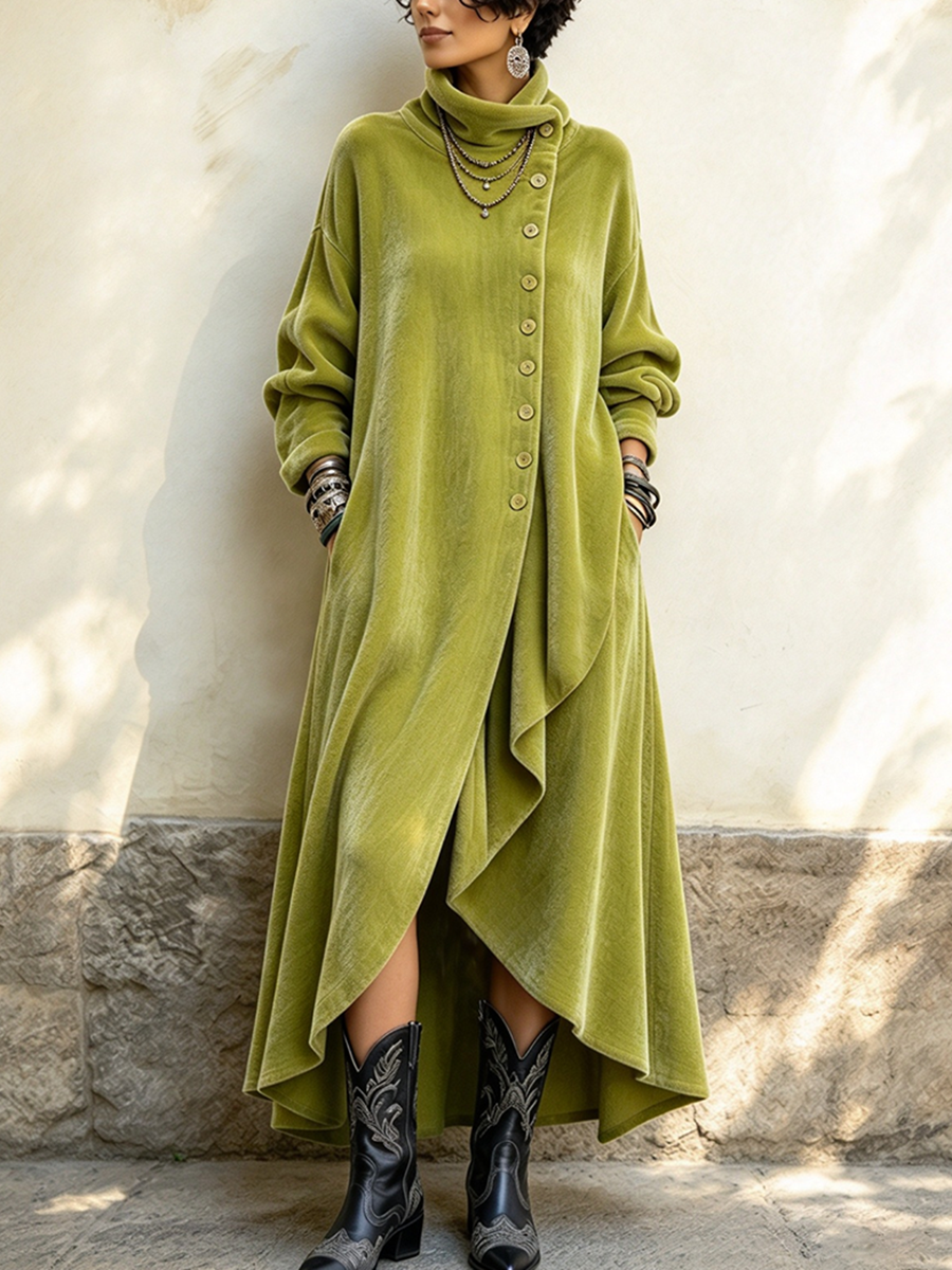 Künstlerisches asymmetrisches Maxikleid aus Samt mit hohem Kragen