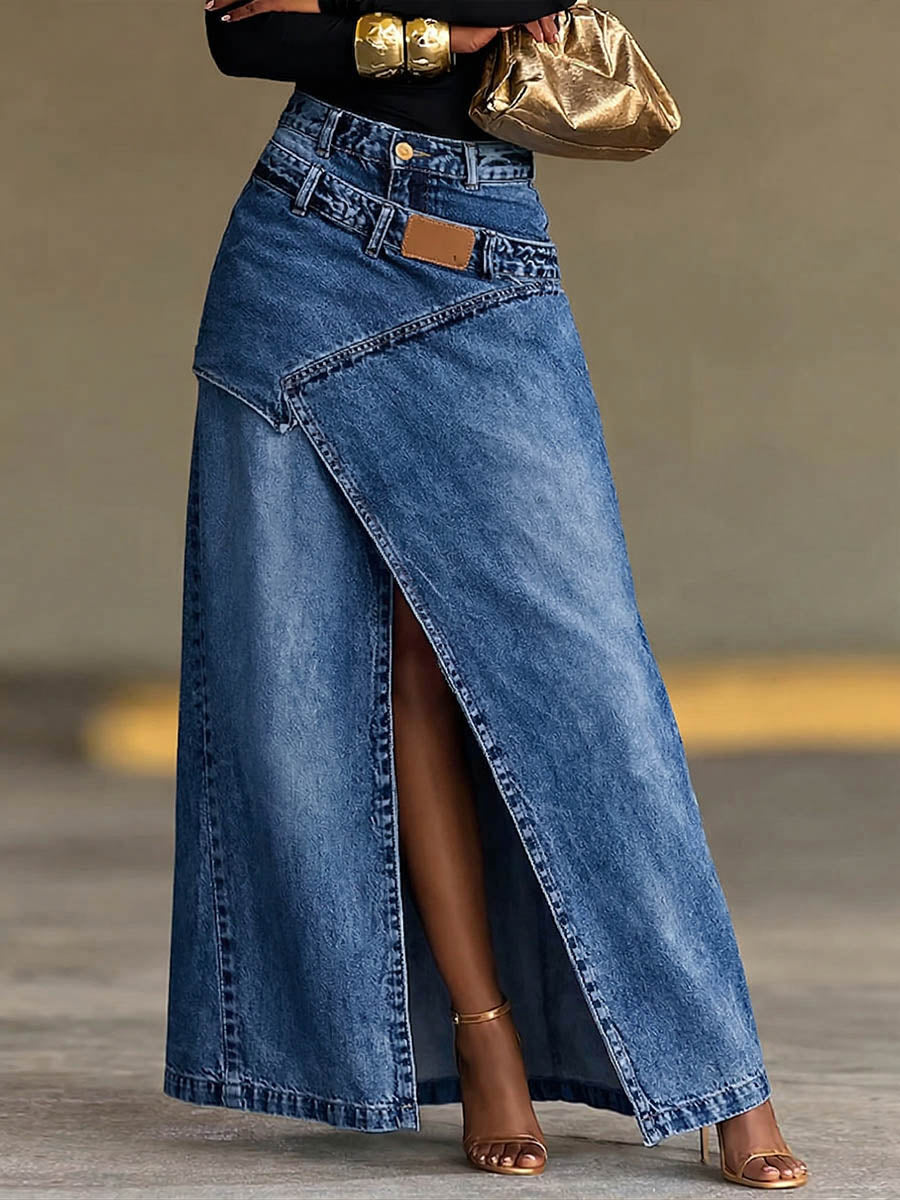 Women's high-waisted loose-fitting casual denim slit skirt