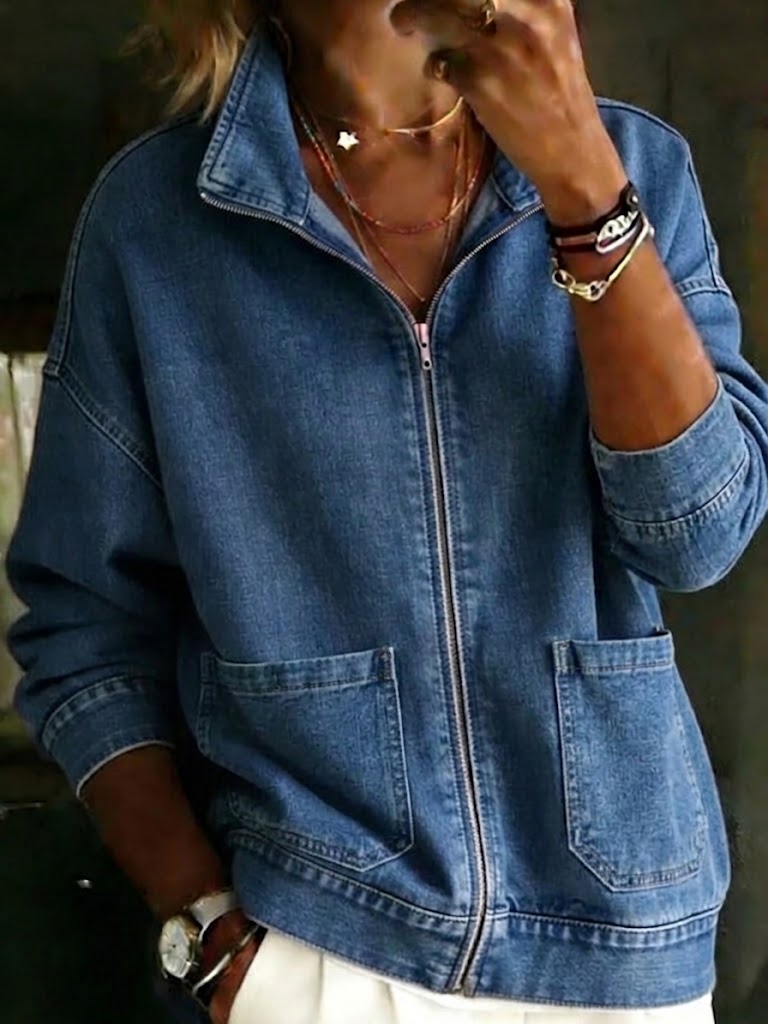 Stand-collar Zip-up Denim Jacket With Dropped Shoulders