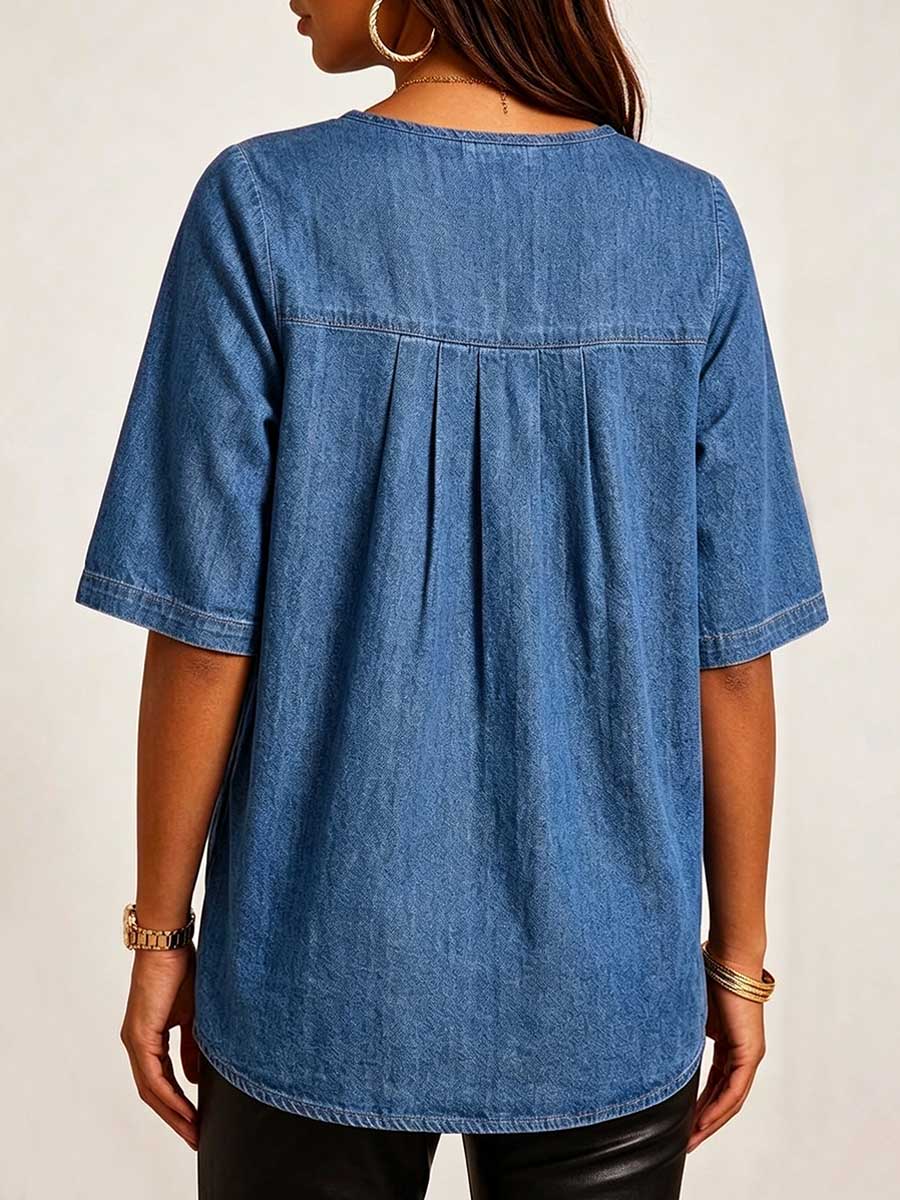 Women's Round Neck Geometric Cutout Design 3/4 Sleeve Casual Loose Denim Top
