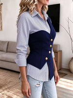 Chic Asymmetric Colorblock Striped Two-In-One Blouse