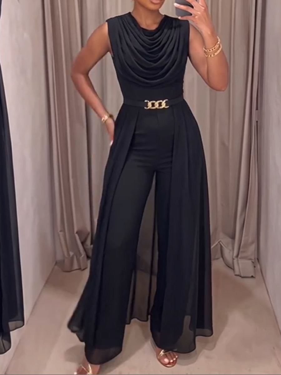 Schicker, schwarzer, drapierter, mehrlagiger Chiffon-Jumpsuit