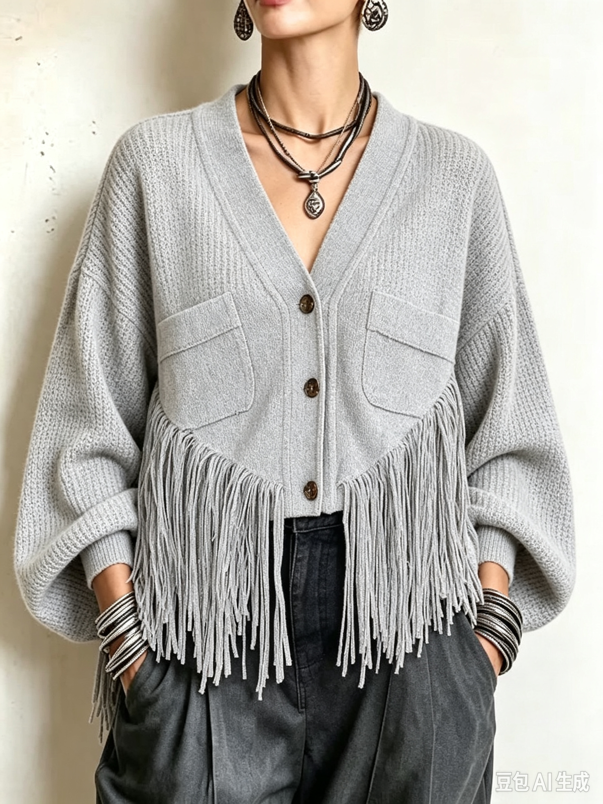 Strukturierter Strick-Cardigan mit Fransensaum