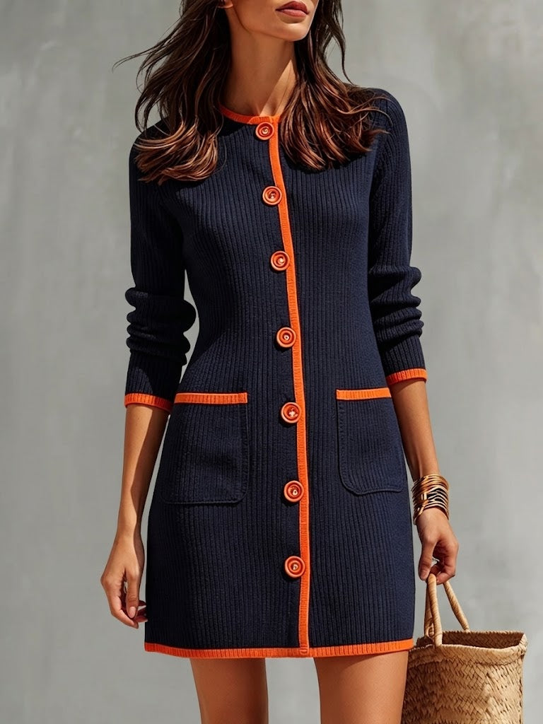 Stylish Casual Color-Block Ribbed Knit Mini Dress