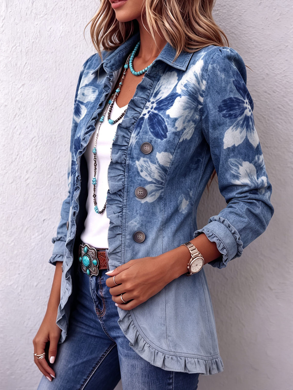 Boho-chic Vintage-inspired Floral Ruffle Jacket