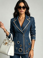 Stylish Denim Jacket With Gold Piping And Zipper