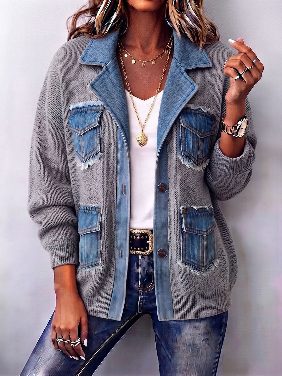 Cozy And Stylish Denim-trimmed Knit Jacket