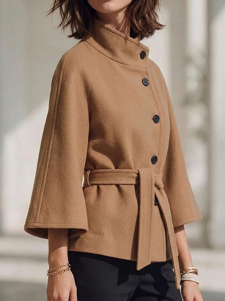 Women's Solid Color High-neck 3/4 Sleeve Casual Loose Tie-front Jacket