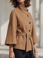 Women's Solid Color High-neck 3/4 Sleeve Casual Loose Tie-front Jacket