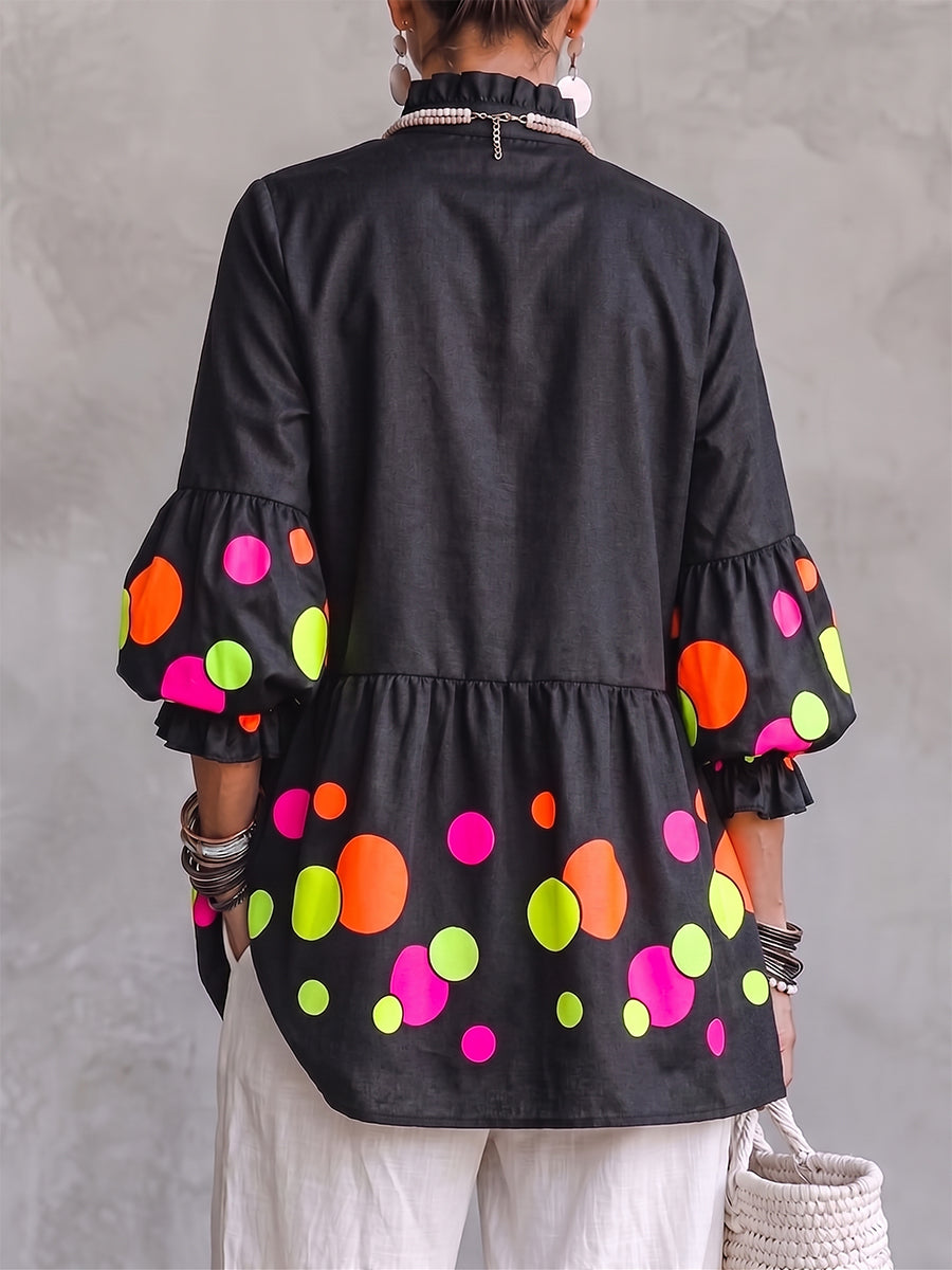 Artistic Neon Polka-Dot Linen Peplum Tunic