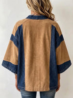 Casual Paneled Faux Suede And Denim Cardigan Jacket