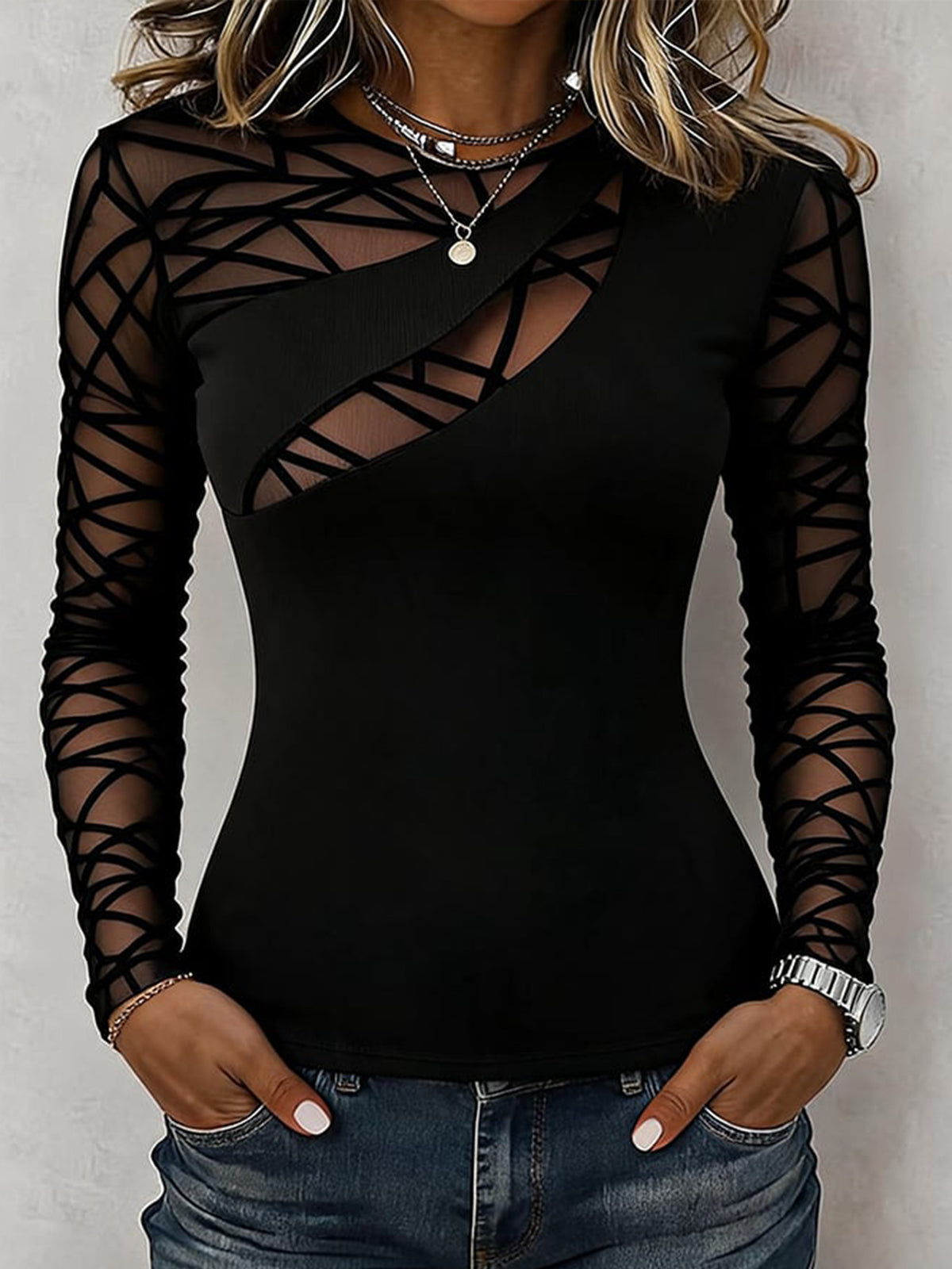 Sleek Geometric Mesh Accented Top