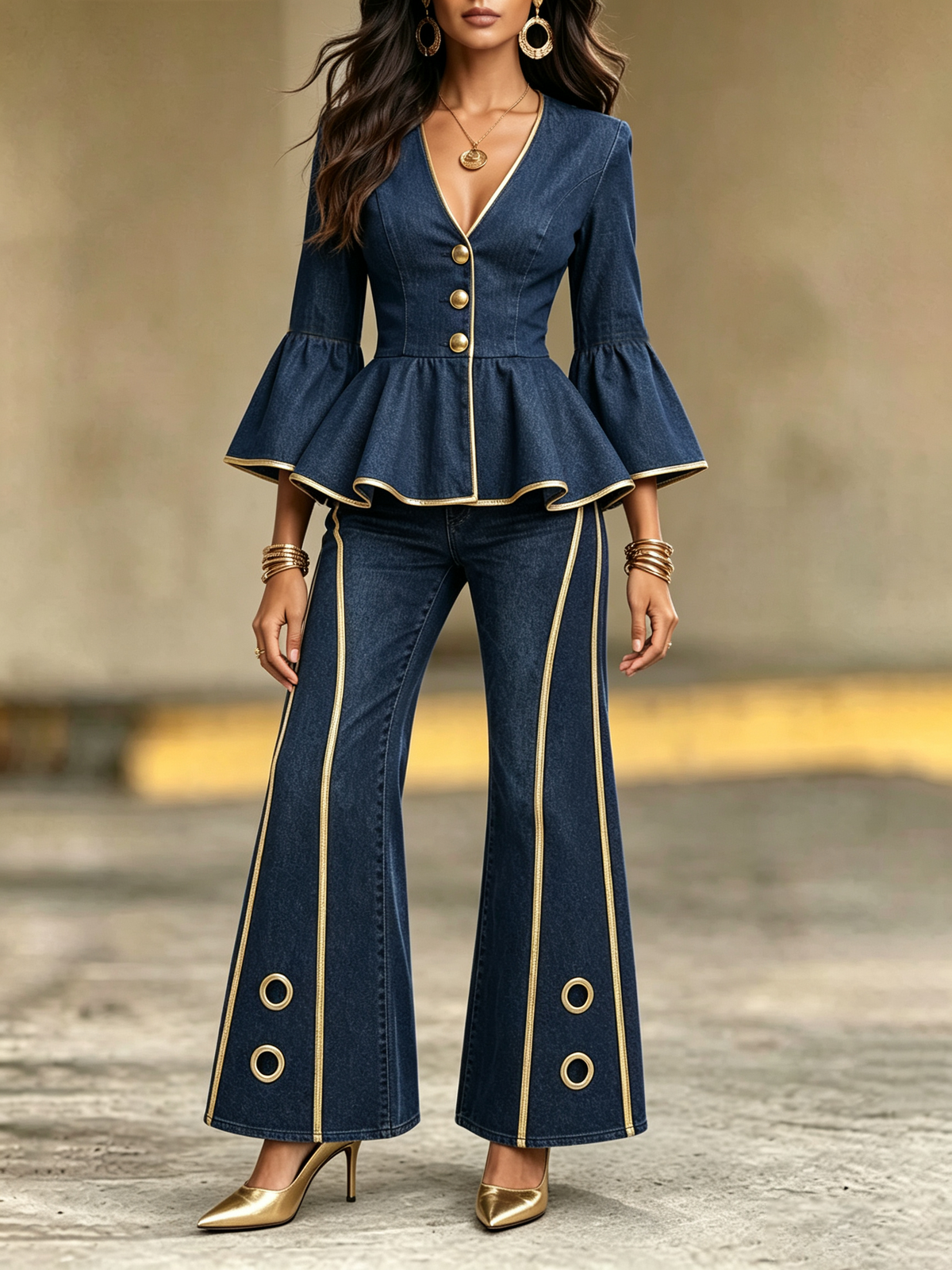 Elegant Chic Ruffled Denim Top With Gold Trim