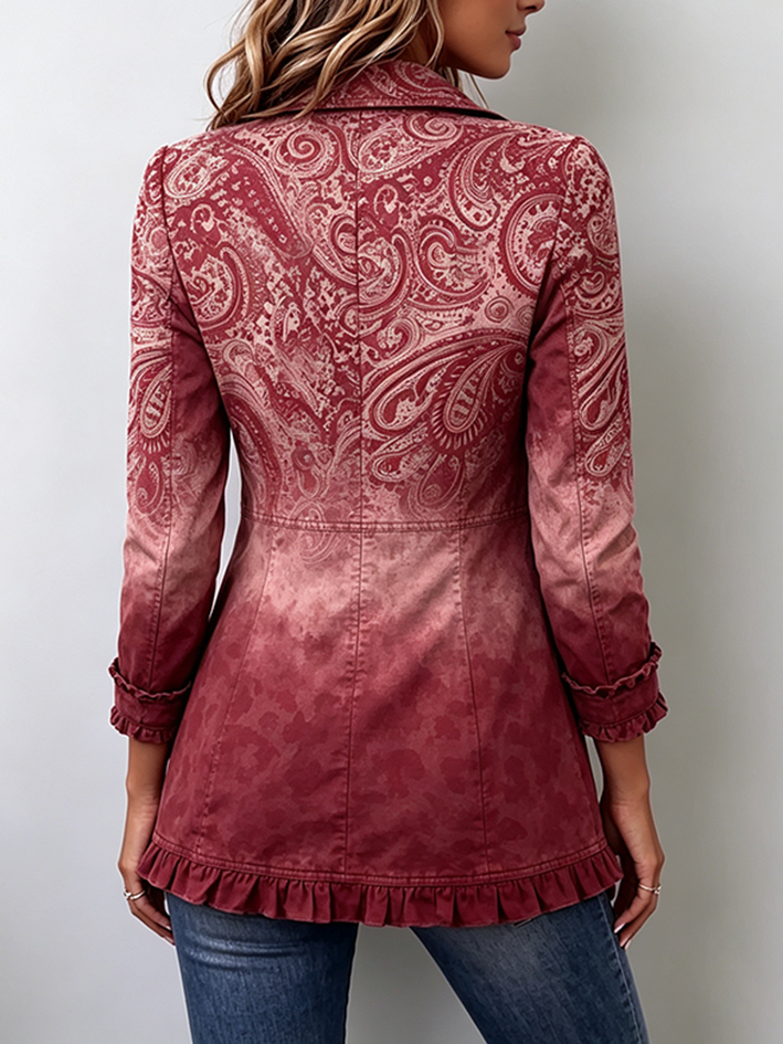 Bohemian Paisley Print Denim Ruffle Blazer