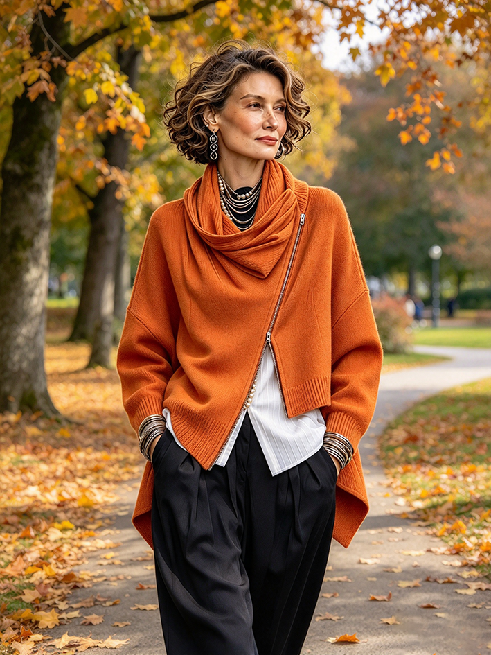 Chaqueta estilo suéter con cremallera asimétrica naranja urbana elegante