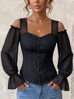 Elegant Off-shoulder Floral Jacquard Shirt – Square Neck, Long Sleeve