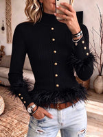 Faux Fur Trim Ribbed Knit Button Sweater