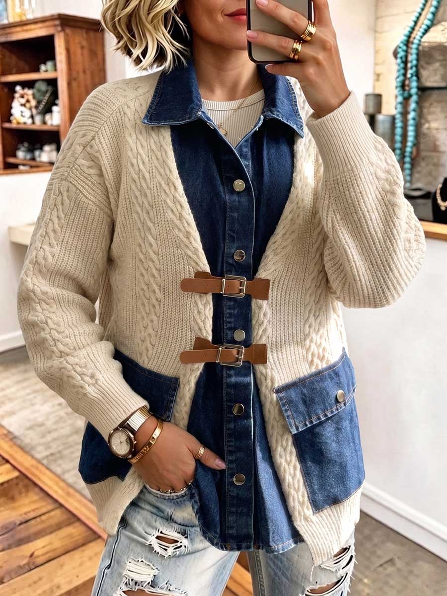 Damen-Strickjacke aus Denim mit Zopfmuster