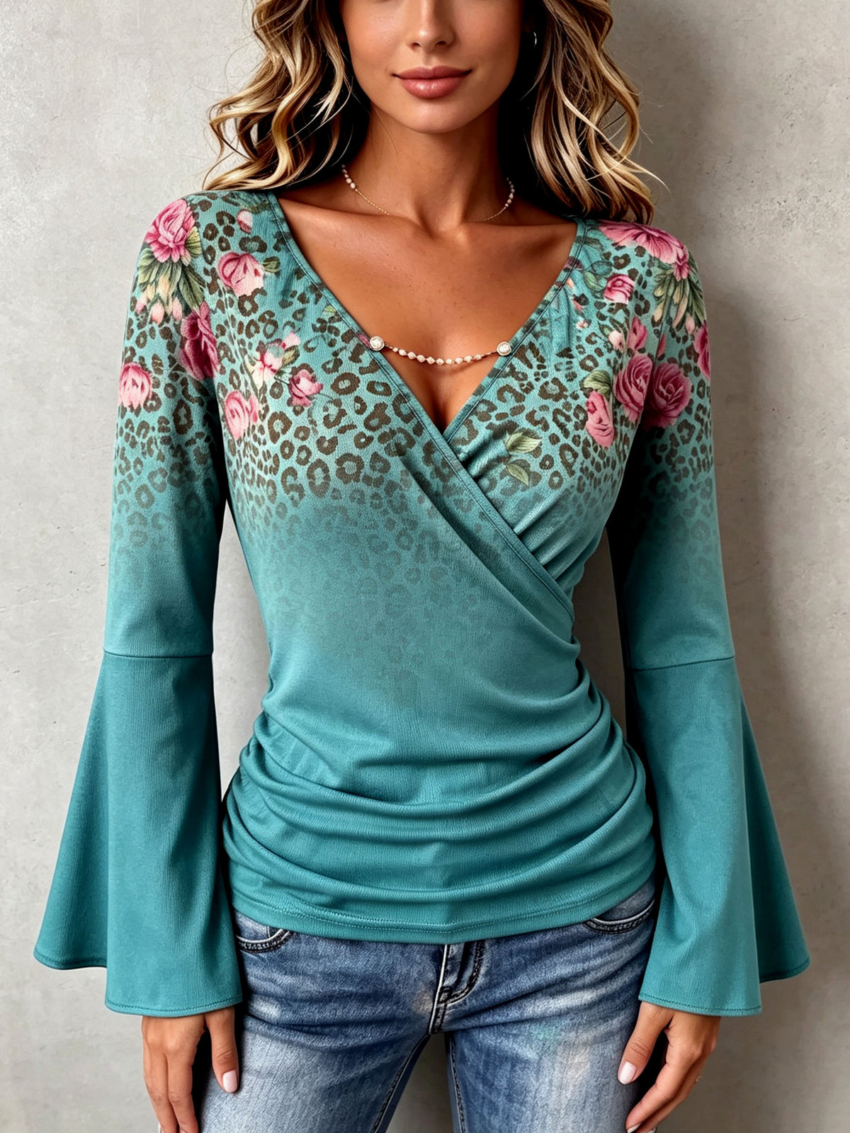 Bohemian Floral Leopard Stretchy Flared Sleeve Blouse