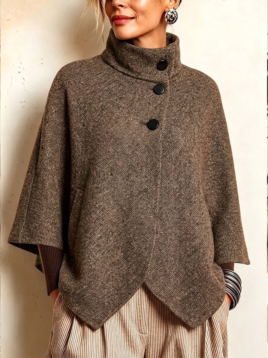 Elegant High-neck Tweed Cape Coat