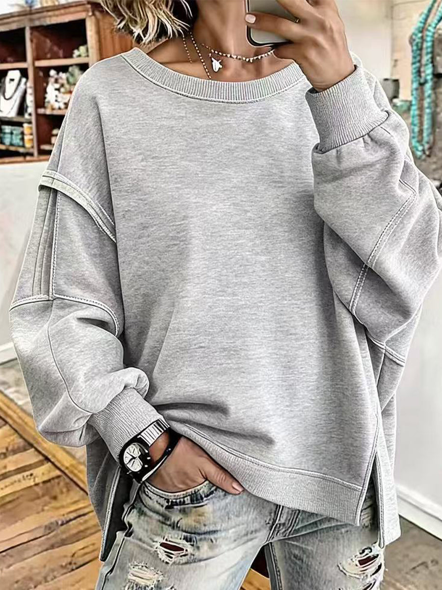 Crew Neck Contrast Stitching Side‑slit Oversized Sweatshirt