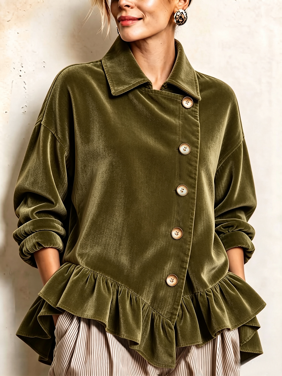 Chic Cozy Asymmetrical Ruffled Hemvelvet Top
