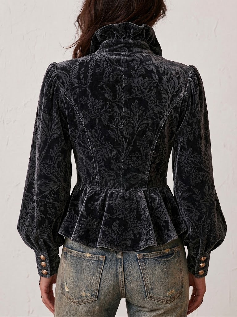 Top elegante in velluto floreale in stile vintage con colletto e orlo arricciati.