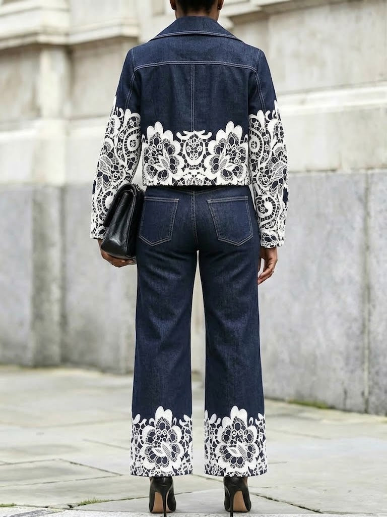 Casual Lace-print Cropped Denim Jacket