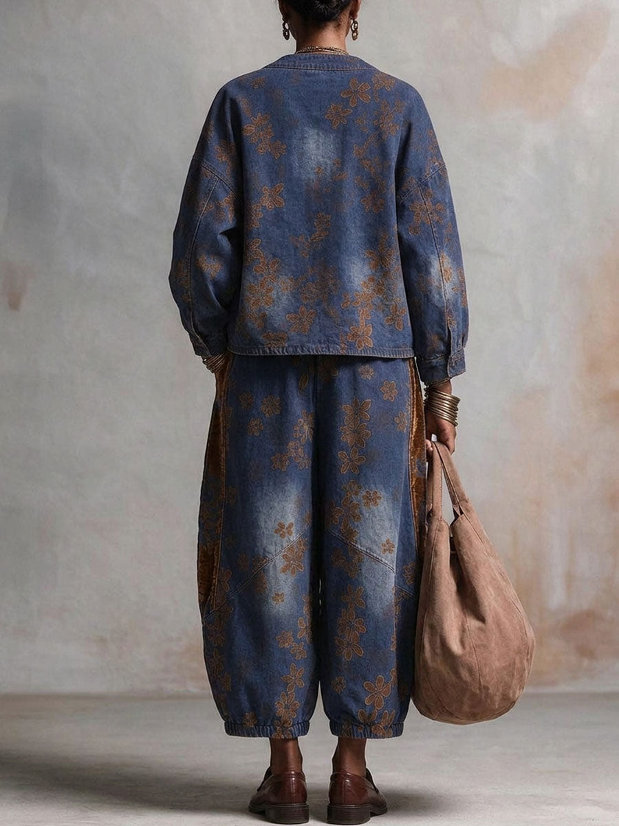 Set da donna in due pezzi di denim con stampa floreale vintage