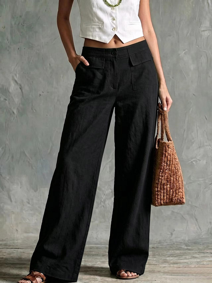 Women's Solid Color High-waisted Casual Loose Cotton Linen Wide-leg Pants