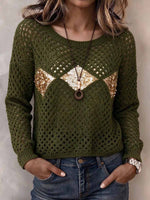Olivgrüner, ausgehöhlter Häkelpullover für Damen mit Paillettenrauten
