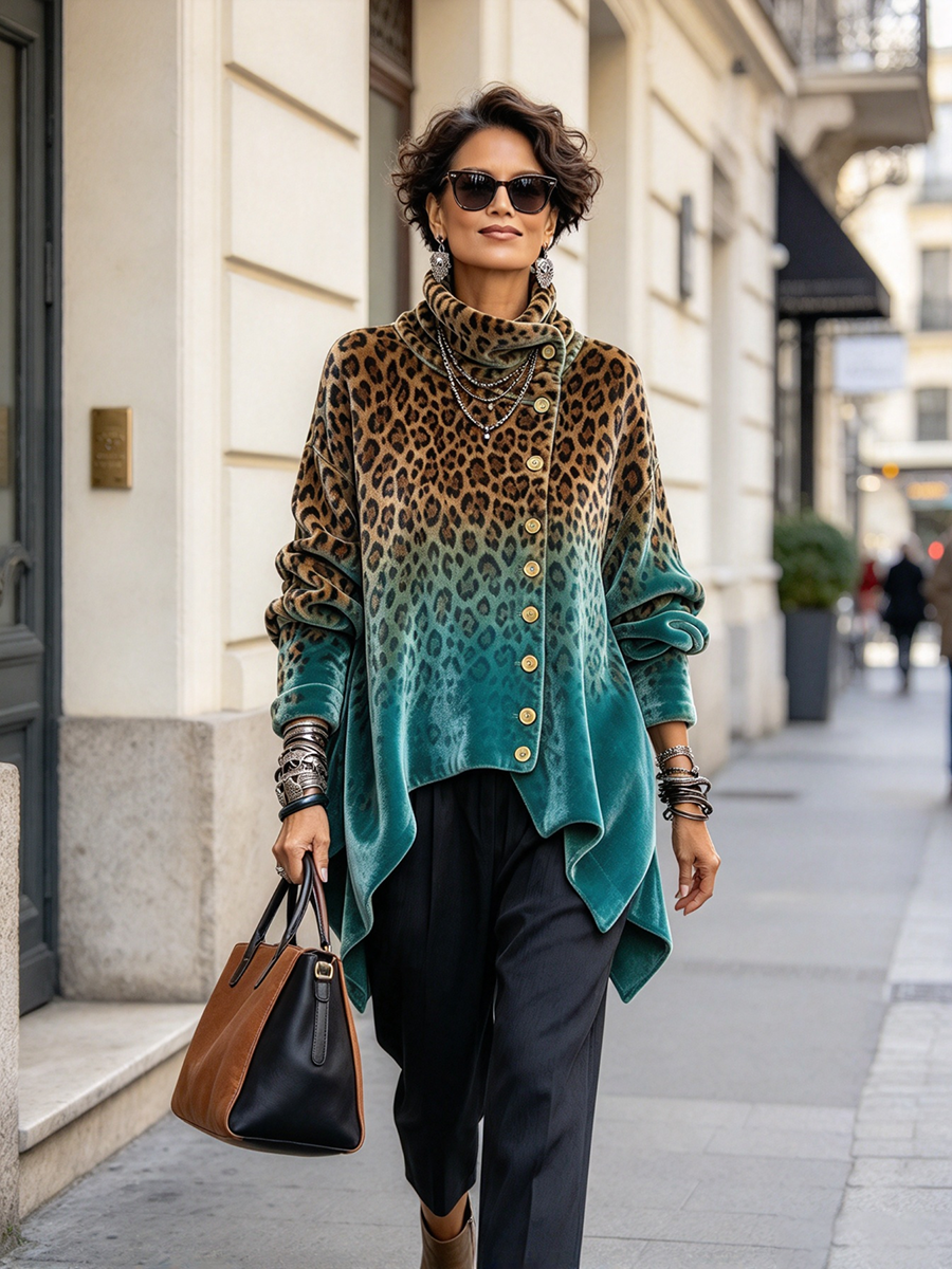 Top in velluto asimmetrico in velluto con stampa leopardata sfumata chic
