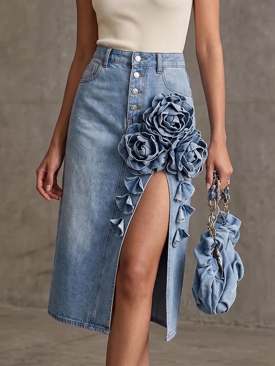 Women's High-waisted Casual Loose-fitting Three-dimensional Floral Slit Denim Midi Skirt